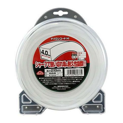 【用途】●刈払作業用。【商品説明】●シャープで鋭い切れ味で耐久性が抜群です。●小石の多いところ・フェンス、塀の際・雑草、植木の周囲での作業に最適です。●4mm仕様で耐久性抜群です。《スペック》■直径：4.0mm。■長さ：28m。■推奨刈払機(エンジン式)：30cc以上。■四角型。《材質》■本体：ナイロン樹脂。【代引きについて】こちらの商品は、代引きでの出荷は受け付けておりません。【送料について】北海道、沖縄、離島は送料を頂きます。