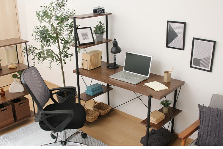 ワイヤー片袖デスク ラック付き 幅122cm 勉強机 棚付き パソコンデスク オープンラック 作業机 本棚 ラック デスク 作業台 木目調 リビング ワンルーム オフィス リモートワーク(代引不可)【送料無料】