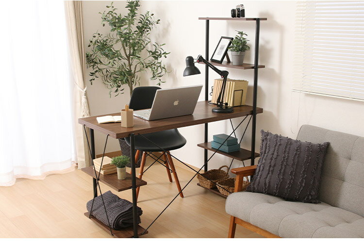 ワイヤー片袖デスク ラック付き 幅122cm 勉強机 棚付き パソコンデスク オープンラック 作業机 本棚 ラック デスク 作業台 木目調 リビング ワンルーム オフィス リモートワーク(代引不可)【送料無料】 [2]