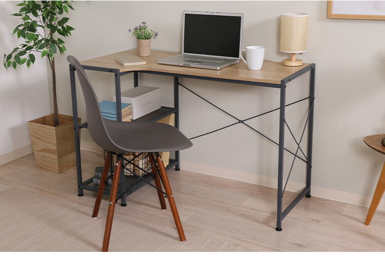 コーナーデスク ラック付き 幅110cm 勉強机 棚付き コードスリット パソコンデスク 作業机 本棚 ラック デスク おしゃれ 木目調 石目柄 作業台 リビング ワンルーム オフィス リモートワーク(代引不可)【送料無料】 [2]