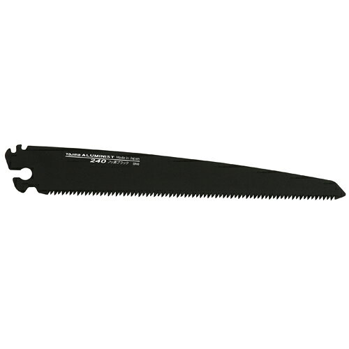 【用途】仮枠・剪定用鋸替刃。【機能・特徴】G-SAWシリーズ全てのグリップに使える共通替刃です。歯先衝撃（高周波）焼入れ仕様。切りしぶりがなく、ヤニが付着しにくい独自開発のフッ素ブラック塗装を採用。厚刃は腰の強さ2.5倍厚の0.9ミリ厚刃は、同メーカー従来鋸の2.5倍腰が強く、ストロークのたわみが少なくスピーディーに力強く切り込みます。【仕様】●用途：仮枠・剪定用鋸（アサリあり）。●刃渡り：240mm。●板厚：0.9mm。●切り溝幅：1.2mm。●歯ピッチ：3.0mm。【材質】●刃：スチール。【商品サイズ】奥行270×幅40×高さ1mm【注意事項・その他】本製品は刃物ですので作業中及び替刃を交換する際は、手袋をするなど安全に十分心がけて下さい。大工道具：鋸：替刃式折込鋸 タジマ：アルミニスト替刃厚刃F240：ALB-A240FB ■商品コード：4975364017499■JANコード：4975364017499■ブランド名：タジマ■商品名：アルミニスト替刃厚刃F240■規格：ALB-A240FB 【商品サイズ】奥行270×幅40×高さ1mm 坊ヤニ・防サビの高性能フッ素ブラック塗装刃。 【用途】仮枠・剪定用鋸替刃。【機能・特徴】G-SAWシリーズ全てのグリップに使える共通替刃です。歯先衝撃（高周波）焼入れ仕様。切りしぶりがなく、ヤニが付着しにくい独自開発のフッ素ブラック塗装を採用。厚刃は腰の強さ2.5倍厚の0.9ミリ厚刃は、同メーカー従来鋸の2.5倍腰が強く、ストロークのたわみが少なくスピーディーに力強く切り込みます。【仕様】●用途：仮枠・剪定用鋸（アサリあり）。●刃渡り：240mm。●板厚：0.9mm。●切り溝幅：1.2mm。●歯ピッチ：3.0mm。【材質】●刃：スチール。 【注意事項・その他】本製品は刃物ですので作業中及び替刃を交換する際は、手袋をするなど安全に十分心がけて下さい。 　　