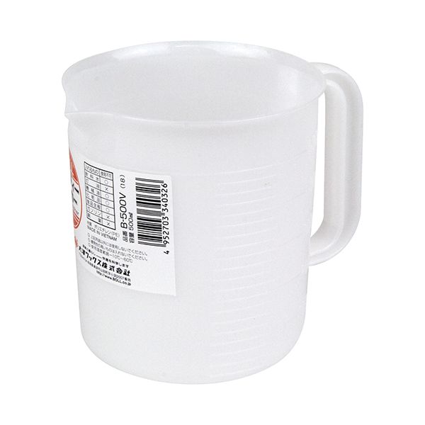 【用途】ハンディービーカー500ml。【機能・特徴】食品から工業用品まで、粉末から液体まで、手軽に計れます。目盛付です。【材質】●本体：ポリメチルペンテン。●ラベル：紙。【商品サイズ】幅110×高さ110×奥行110mm　重量60g【注意事項ほか】●揮発性の高い物は入れないでください。【送料について】北海道、沖縄、離島は送料を頂きます。