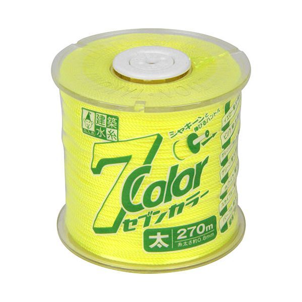【商品特長】【用途】建築工事での丁張用糸、水平を示す為の糸。【機能・特徴】伸縮ハンドルで2通りの持ち方ができる耐衝撃コンパクトリールです。水糸のカラーと太さを含め全18種類のバリエーションで様々なご要望に対応します。水糸専用の高品質ナイロンを使用しています。衝撃に強いABS樹脂製リールです。水糸専用の高品質蛍光染色ナイロンを使用しています。【仕様】●色：イエロー。●太さ：太サイズ。●長さ：270m。●伸縮ハンドル付耐衝撃コンパクトリール。●高品質蛍光染色ナイロン。【材質】●水糸：ナイロン。●リール：ABS。●回転軸：PS。【商品サイズ】幅64×高さ64×奥行64mm　重量113g【注意事項ほか】●幼児の手の届かないところにおいてください。用途以外には使用しないでください。●手や歯で水糸を切断するとケガをすることがあります。●製造上、糸に継ぎ目が入る場合があります。■商品コード:4960587048016■JANコード:4960587048016■ブランド名:たくみ■商品名:セブンカラー イエロー太■規格:4801 270M【送料について】北海道、沖縄、離島は送料を頂きます。