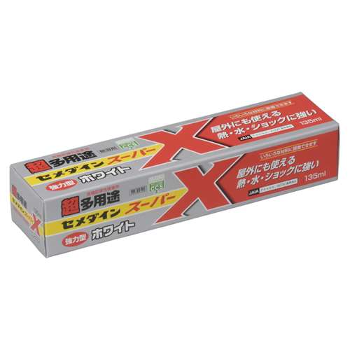 【用途】金属、プラスチック、ゴム、石、木、紙、皮革などの接着。【機能・特徴】屋外でも使え、熱・水・ショックに強い弾性接着剤です。安心の完全無溶剤、100パーセント固形分なので凹凸への接着も可能です。ゴム系接着剤と同じ仮止め不要の簡単接着です。表札やプレートの接着に適したホワイトです。【仕様】●内容量：135mL。●色：白。●耐熱性：-60度〜120度。●無溶剤。●ホルムアルデヒド放散等級区分：Fフォースター(JAIA)。●4VOC基準適合(JAIA)。【送料について】北海道、沖縄、離島は送料を頂きます。【ご注意！！】メーカー取寄せ商品の為、ご注文頂いたタイミングによってはご用意が出来ない場合もございます。予めご了承の程お願い致します。