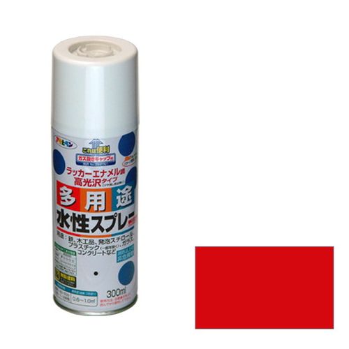 【用途】発泡スチロール、プラスチック、鉄、木、紙、ガラスの他、ホビー、クラフト等での塗装。【機能・特徴】油性塗料や、発泡スチロールに塗っても下地を侵さず、いろいろな素材に使用できます。乾燥前には水ぶきで落とせて、いったん乾くと日光や雨に強い塗膜が得られます。フロンを使用せず、消防法上の非危険物スプレーです。使用後、安心して捨てられるガス抜きキャップ付きです。鉛・クロム化合物を使用していない安全な塗料です。【仕様】●内容量：300mL。●色：赤。●標準塗り面積：0.6〜1.0m2(2回塗り)。●乾燥時間：夏期40〜50分・冬期1〜2時間。●一般名：水溶性アクリル樹脂塗料。●消防法：非該当(消防法上の非危険物(指定可燃物))。【商品サイズ】幅60×高さ188×奥行60mm　重量350g