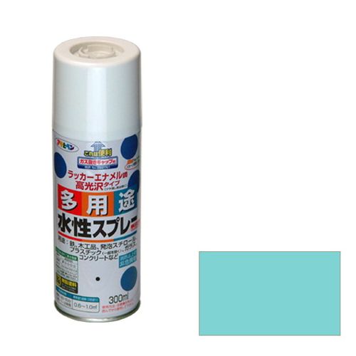 【用途】発泡スチロール、プラスチック、鉄、木、紙、ガラスの他、ホビー、クラフト等での塗装。【機能・特徴】油性塗料や、発泡スチロールに塗っても下地を侵さず、いろいろな素材に使用できます。乾燥前には水ぶきで落とせて、いったん乾くと日光や雨に強い塗膜が得られます。フロンを使用せず、消防法上の非危険物スプレーです。使用後、安心して捨てられるガス抜きキャップ付きです。鉛・クロム化合物を使用していない安全な塗料です。【仕様】●内容量：300mL。●色：ミントグリーン。●標準塗り面積：0.6〜1.0m2(2回塗り)。●乾燥時間：夏期40〜50分・冬期1〜2時間。●一般名：水溶性アクリル樹脂塗料。●消防法：非該当(消防法上の非危険物(指定可燃物))。【商品サイズ】幅60×高さ188×奥行60mm　重量350g