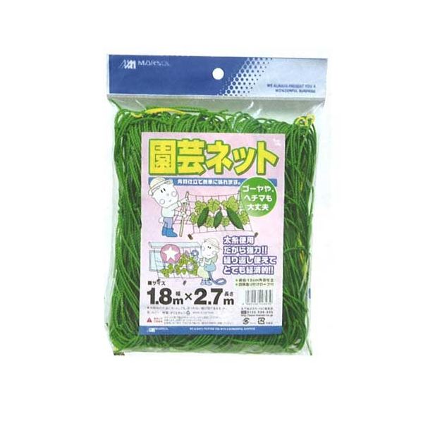 【商品特長】【用途】つる性植物の栽培用。【機能・特徴】窓辺でつる花を育てれば日よけとしても楽しめます。角目仕立で簡単に張れます。ゴーヤ・ヘチマの育成にも使用できます。【仕様】●サイズ：1.8m×2.7m。●色：グリーン。●目合：13cm角目。●四隅取付ロープ付。【材質】●ポリエチレン。■商品コード:4989156008039■JANコード:4989156008039■ブランド名:日本マタイ■商品名:園芸ネット■規格:1.8MX2.7M【送料について】北海道、沖縄、離島は送料を頂きます。