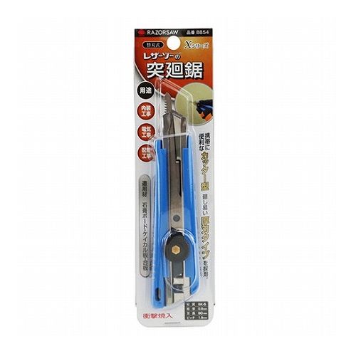 【商品説明】携帯に便利なカッター型の突廻鋸です。【用途】電気工事・内装工事・配管工事用鋸。【機能・特徴】廻しやすい厚刃タイプです。石膏ボード・ケイカル板・合板などへの作業に最適です。替刃式ですので切れなくなったら刃を交換でき、経済的です。【仕様】●刃長：80mm。●ピッチ：1.9mm。●板厚：0.9mm。●衝撃焼入。●適用材：石膏ボード・ケイカル板・合板。【材質】●刃：SK-5。【商品詳細】■商品コード：4903524310685■JANコード：4903524310685■ブランド名：玉鳥■商品名：レザーソーー突廻鋸ー本体■規格：8854【注意事項ほか】●使用用途以外では使用しないでください。●鋸刃がしっかり固定されている状態で使用して下さい。●作業時には、手袋、安全メガネなどの保護具を着用してください。●刃先は鋭利に仕上げておりますので、取り扱いには十分に注意してください。替刃交換の際には、できるだけ、刃先を触らないようにご注意ください。●替刃は、必ず指定のものをご使用ください。【特長】玉鳥、レザーソーー突廻鋸ー本体、8854、DIYツール、大工道具、鋸、玉鳥【送料について】北海道、沖縄、離島は送料を頂きます。