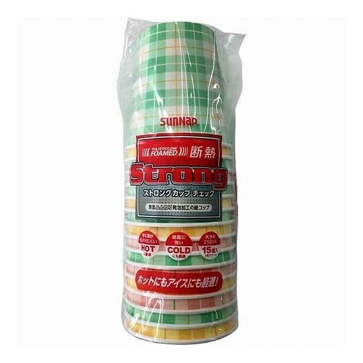 【商品特徴】●ふんわり表面発泡加工なので、手に熱さが伝わりにくく、結露でカップ自体が軟らかくなりにくいペーパーカップです。●ホットにもコールドにも最適です。●3柄アソート。※メーカーの都合により、パッケージ・仕様等は予告なく変更になる場合がございます。【商品サイズ】サイズ：口径78×高さ84mm【内容量】入数：15個バージンパルプ100％、外面・内面ポリエチレンラミネート加工 【注意事項】・アルコール飲料のご使用は漏れる場合がございます。・電子レンジ・オーブン・オーブントースターでは使用しないでください。・数回にわたって使用しないでください。容量：250mL【送料について】北海道、沖縄、離島は送料を頂きます。