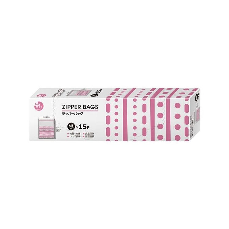 【商品詳細】カラフルでかわいい！説明:●食品保存・小物の仕分けや旅行などに便利なプラスプラスのジッパー袋です。●食品衛生法(厚生省告示第370号)に適合しているので、食品調理に利用可能です。●安心な上下の2重ジッパーで、取り出し口部分は表裏の長さが違うので開けやすいです。●閉じている感覚がわかるクリック機能付きです。●冷蔵・冷凍はもちろん、電子レンジでの解凍もOKです。(解凍の際は、ジッパーの一部を開けて解凍してください。油分の多い食品は高温になりバッグが溶けることがございますので、電子レンジでの解凍はしないでください。)●かわいいデザイン柄入り※メーカーの都合により、パッケージ・仕様等は予告なく変更になる場合がございます。サイズ:1枚サイズ：約幅250×長さ(ジッパー下)280×厚み0.05mm内容量：15枚材質・成分:ポリエチレン生産国:タイ【送料について】北海道、沖縄、離島は送料を頂きます。LINK単品2個セット3個セット4個セット5個セット8個セット10個セット13個セット15個セット18個セット20個セット