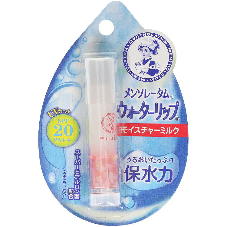 【商品説明】たっぷりの水を抱えて唇をうるおわせる、「メンソレータムウォーターリップ」。スーパーヒアルロン酸*1（うるおい成分）とコラーゲン*2（うるおい成分）を配合し、みずみずしい唇を目指します。また乾燥だけでなく、紫外線からも唇を守ります。やさしい＜モイスチャーミルク＞の香りです。（SPF20／PA++）＊1：アセチルヒアルロン酸Na＊2：水溶性コラーゲン商品区分：化粧品全成分：水添ポリイソブテン、ジフェニルシロキシフェニルトリメチコン、ワセリン、ラノリン、ポリエチレン、イソノナン酸イソトリデシル、メトキシケイヒ酸エチルヘキシル、ミネラルオイル、マイクロクリスタリンワックス、アセチルヒアルロン酸Na（スーパーヒアルロン酸）、水溶性コラーゲン、アロエベラ葉エキス、スクワラン、ハチミツ、ヒアルロン酸Na、ホエイ（牛乳）、ヤシ油、酢酸トコフェロール、水、BG、DPG、t‐ブチルメトキシジベンゾイルメタン、オレイン酸ポリグリセリル‐4、香料メーカー名：ロート製薬生産国：日本内容量：1個【代引きについて】こちらの商品は、代引きでの出荷は受け付けておりません。【送料について】北海道、沖縄、離島は送料を頂きます。