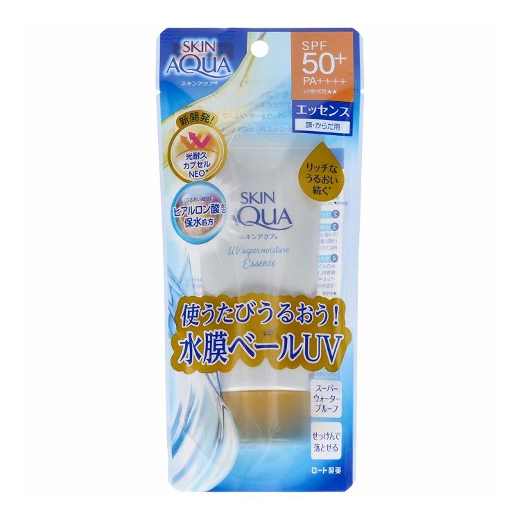 【商品説明文】リッチなうるおいの使用感続くエッセンスタイプの日やけ止め。ヒアルロン酸naと超低分子ヒアルロン酸が肌表面と角層深くで保水し、肌吸着型ヒアルロン酸が肌表面にうるおいを留めます。無香料、無着色、鉱物油フリー、パラベンフリー。水に強いスーパーウォータープルーフ。石けんで落とせます。顔・からだ用で、化粧下地にもオススメです。たっぷり使える80g。spf50＋/pa＋＋＋＋/ uv耐水性★★。商品区分：化粧品成分：水、bg、メトキシケイヒ酸エチルヘキシル、エタノール、イソノナン酸イソノニル、エチルヘキシルトリアゾン、ヒアルロン酸na、加水分解ヒアルロン酸na(超低分子ヒアルロン酸)、ヒアルロン酸ヒドロキシプロピルトリモニウム(肌吸着型ヒアルロン酸)、ビスエチルヘキシルオキシフェノールメトキシフェニルトリアジン、シリカ、プロパンジオール、メチレンビスベンゾトリアゾリルテトラメチルブチルフェノール、ジエチルアミノヒドロキシベンゾイル安息香酸ヘキシル、コハク酸ジエトキシエチル、ステアリン酸peg-40、pg、(アクリレーツ/アクリル酸アルキル(c10-30))クロスポリマー、デシルグルコシド、カプリルヒドロキサム酸、tea、ビスpeg-18メチルエーテルジメチルシラン、ポリシリコーン-13、edta-2na、キサンタンガム、フェノキシエタノールメーカー名：ロート製薬原産国：日本内容量：80g【代引きについて】こちらの商品は、代引きでの出荷は受け付けておりません。【送料について】北海道、沖縄、離島は送料を頂きます。
