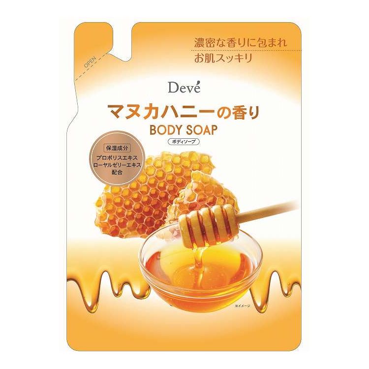 【商品詳細】こだわりの保湿成分 マヌカハニー、プロポリスエキス、ローヤルゼリーエキス配合。お肌を考えた5つの無添加処方（無着色、無鉱物油、石油系界面活性剤不使用、紫外線吸収剤フリー、シリコンフリー）●きめ細やかな泡がお肌をふんわり包みこみ、やさしく洗いあげます。●泡立ちの良い液体タイプのボディソープで、さっぱりすべすべのお肌に導きます。成分:水、ラウリン酸、ミリスチン酸、コカミドDEA、水酸化K、グリセリン、コカミドプロピルベタイン、ラウレス硫酸Na、コカミドMEA、ハチミツ、プロポリスエキス、ローヤルゼリーエキス、エタノール、塩化Na、変性アルコール、EDTA−4Na、エチルパラベン、フェノキシエタノール、安息香酸Na、香料商品区分:化粧品メーカー名:熊野油脂生産国・加工国:日本内容量:350mL【代引きについて】こちらの商品は、代引きでの出荷は受け付けておりません。【送料について】北海道、沖縄、離島は送料を頂きます。