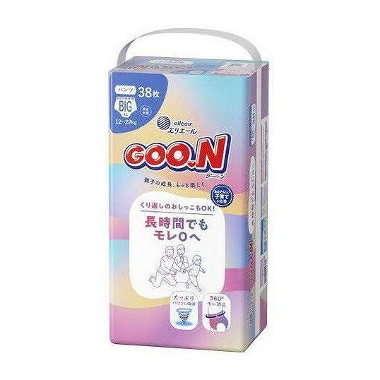 【商品詳細】ママパパをサポート！子育て先まわり設計「長時間でもモレ0へ」。進化した吸収体と吸収ブーストシートでくりかえしおしっこしてもパワフル吸収。ウエスト・足まわりに360°モレ防止シートをIN、染み出しモレをブロック。ふわふわのびーるウエストでおむつ替えもさっとスムーズ。ふわぴたダブルギャザーで動いてもズレ安心。全面通気シートでずっとムレ安心。成分:ポリオレフィン系不織布、綿状パルプ、吸収紙、高分子吸収材、ポリオレフィン系フィルム、ポリウレタン、スチレン系合成樹脂等メーカー名:大王製紙生産国・加工国:日本内容量:38枚【代引きについて】こちらの商品は、代引きでの出荷は受け付けておりません。【送料について】北海道、沖縄、離島は送料を頂きます。