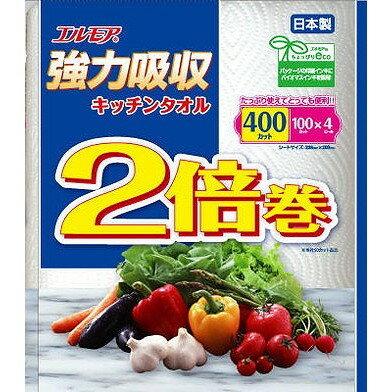【単品18個セット】 エルモア 強力吸収キッチンタオル 2倍巻 4ロール 2枚重ね×100カット カミ商事(代引不可)【送料無料】