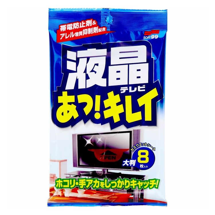 こちらは4975759206378単品が3個セットの商品ページです。以下、単品説明文【単品商品説明】汚れをかき取り、吸着させる特殊シート採用で、キズが付きにくく、拭きスジも残りません。二度拭きも不要で、サッと軽く拭くだけで、皮脂や指紋跡、ホコリなどをスッキリクリーニングできます。ホコリを寄せ付けにくくする帯電防止剤と、アレル物質（アレルギーの原因になるもの）抑制剤配合。60インチクラスの大画面もじゅうぶんに拭き取れる大判サイズです。【製造者】ソフト99コーポレーション【生産国】日本【内容量】8枚【代引きについて】こちらの商品は、代引きでの出荷は受け付けておりません。【送料について】北海道、沖縄、離島は送料を頂きます。