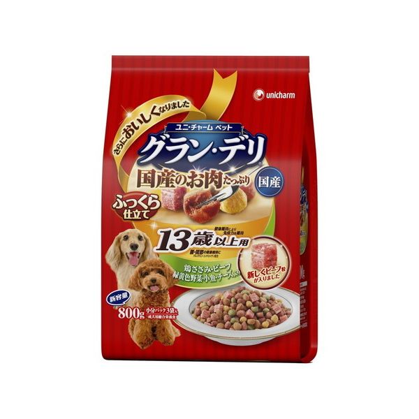ユニ・チャーム グラン・デリふっくら仕立て13歳以上用鶏ささみ・ビーフ・緑黄色野菜・小魚・チーズ・角切りビーフ粒入り800g