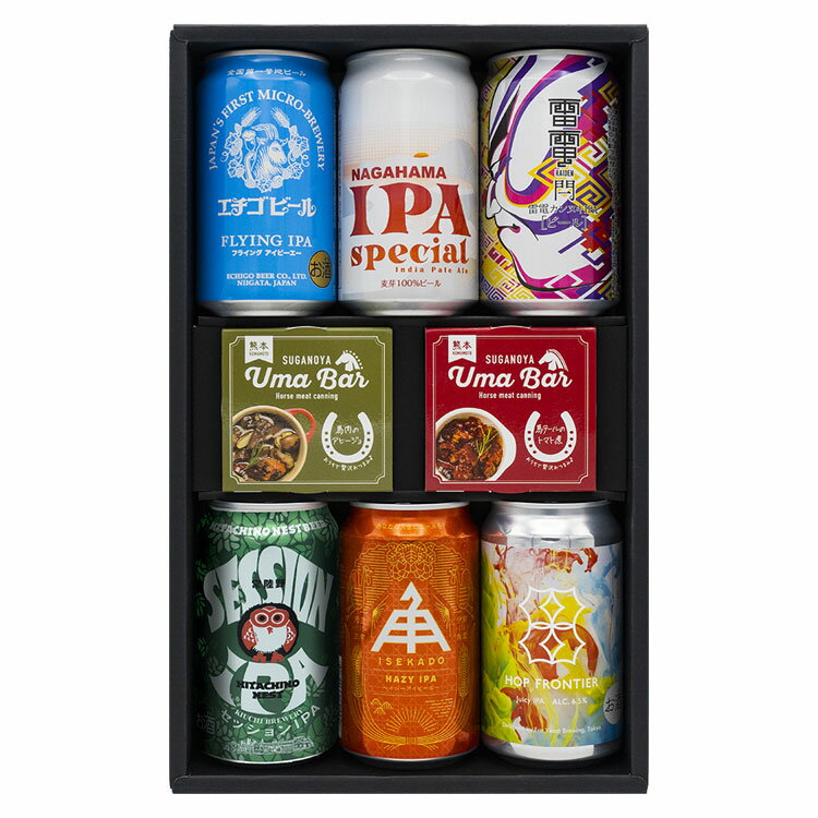 IPA 6種 飲み比べ おつまみ付き セット ギフト プレゼント 贈り物 贈答用 クラフトビール ビール 日本 長浜 エチゴビール 常陸野ネスト 伊勢角屋麦酒 オラホ ファーイースト おつまみ 馬肉(代引不可)【送料無料】のサムネイル