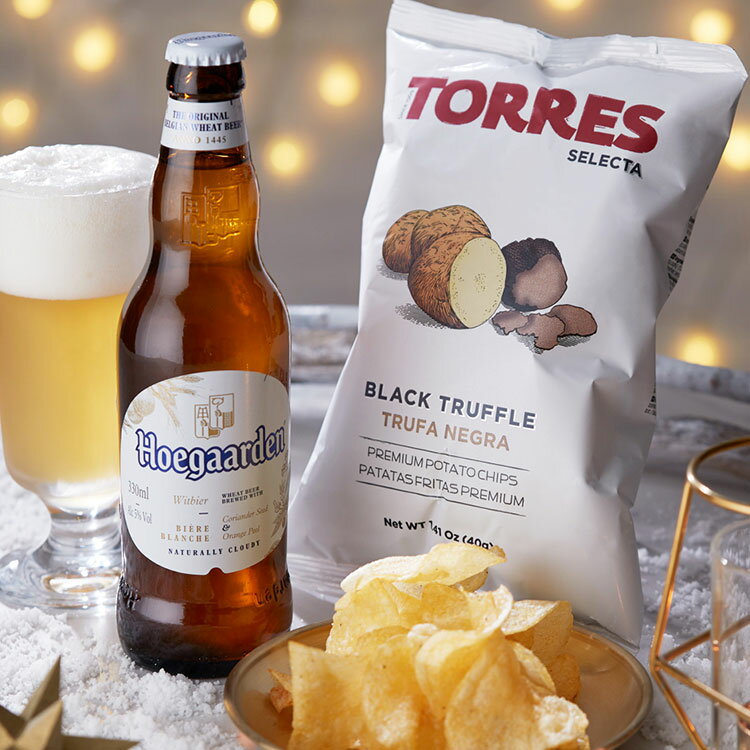 ビールおつまみセット ヒューガルデンと黒トリュフポテトチップス Hoegaarden ホワイトビール 白ビール 355ml TORRES トーレス ポテチ 瓶ビール おつまみセット(代引不可)【送料無料】