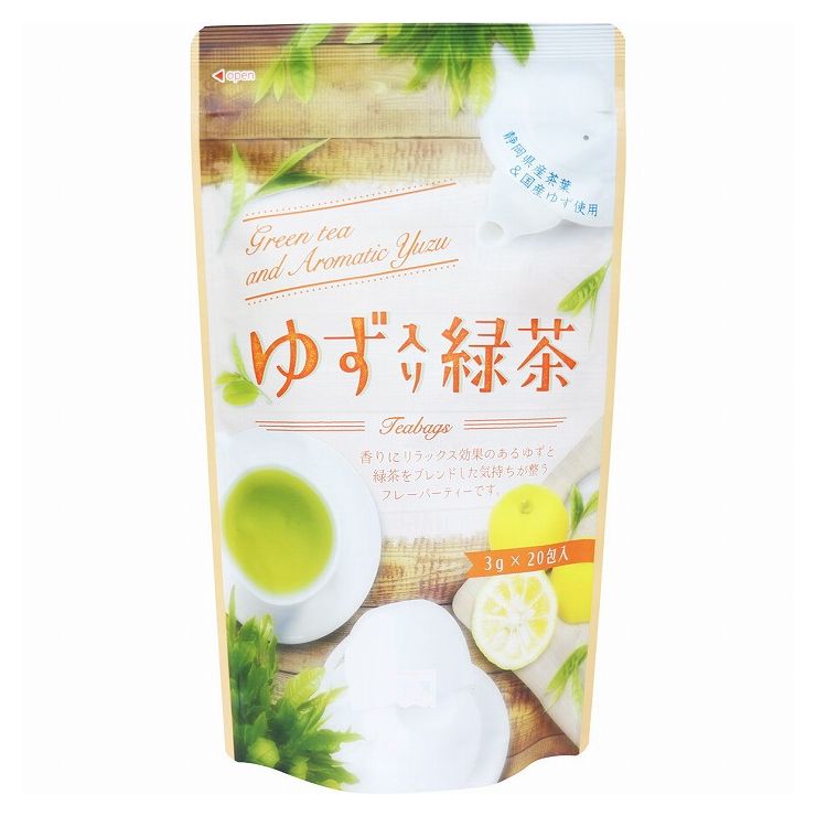 【発売元:カネ松製茶】静岡県産茶葉&国産ゆず使用!香りにリラックス効果のあるゆずと緑茶をブレンドした気持ちが整うフレーバーティーです。個装サイズ:145X255X50mm個装重量:約78g内容量:60g(3g×20包)ケースサイズ:31.5X37X44.5cmケース重量:約4.5kg製造国:日本【名称】ゆず入り緑茶(ティーバッグ)【原材料】緑茶、ゆず、香料【保存方法】高温多湿を避け、移り香にご注意ください。【おいしい召し上がり方】(1)ティーポットに1袋を入れ熱湯を注ぎます。(2)お好みのより3〜4分程蒸らします。(3)温めたティーカップに最後の一滴まで注ぎます。※熱湯には十分ご注意ください。【注意】・お茶は鮮度が大切です。開封後はお早めにお飲みください。賞味期限：パッケージに記載※メーカーの都合によりパッケージ、内容等が変更される場合がございます。当店はメーカーコード（JANコード）で管理をしている為それに伴う返品、返金等の対応は受け付けておりませんのでご了承の上お買い求めください。【送料について】北海道、沖縄、離島は送料を頂きます。【発売元:カネ松製茶】静岡県産茶葉&国産ゆず使用!香りにリラックス効果のあるゆずと緑茶をブレンドした気持ちが整うフレーバーティーです。個装サイズ:145X255X50mm個装重量:約78g内容量:60g(3g×20包)ケースサイズ:31.5X37X44.5cmケース重量:約4.5kg製造国:日本【名称】ゆず入り緑茶(ティーバッグ)【原材料】緑茶、ゆず、香料【保存方法】高温多湿を避け、移り香にご注意ください。【おいしい召し上がり方】(1)ティーポットに1袋を入れ熱湯を注ぎます。(2)お好みのより3〜4分程蒸らします。(3)温めたティーカップに最後の一滴まで注ぎます。※熱湯には十分ご注意ください。【注意】・お茶は鮮度が大切です。開封後はお早めにお飲みください。賞味期限：パッケージに記載