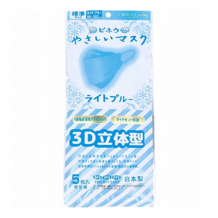 やさしいマスク 3D立体型 標準サイズ ライトブルー 個包装 5枚入