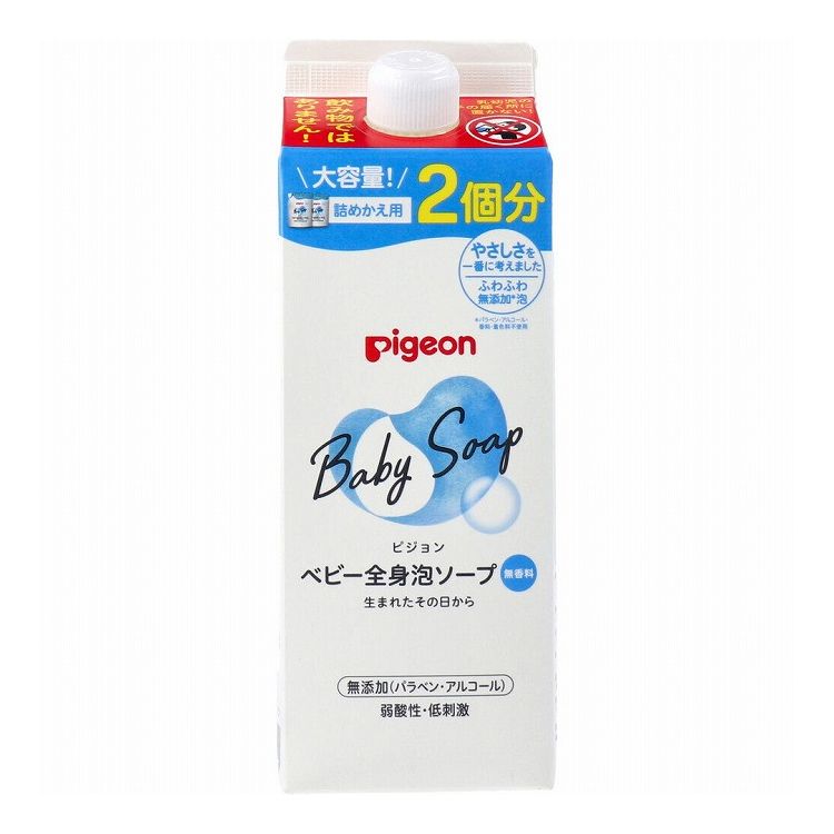 未熟な赤ちゃんの肌に不足しがちな、お肌本来のうるおい類似成分「ピジョンナチュラルモイスチャー(セラミドNP＋イソステアリン酸フィトステリル)」配合した全身泡ソープです。●ふわふわ無添加※泡でお肌をやさしく洗います。※パラベン・アルコールフリー●赤ちゃんのお肌に近い弱酸性。●肌にやさしいシンプル処方。●皮フ科医による皮フ刺激性テスト済み。(すべての方に肌トラブルが起きないというわけではありません)●硫酸系界面活性剤を使用していません。●詰替用です。【商品区分：化粧品】【成分】水、グリセリン、ラウラミドプロピルベタイン、ココイルメチルタウリンNa、ラウロイルメチルアラニンTEA、ラウロイルアルギニン、セラミドNP、イソステアリン酸フィトステリル、グリチルリチン酸2K、クエン酸、クエン酸Na、エチルヘキシルグリセリン、フェノキシエタノール、トコフェロール【使用方法】※本品は詰替用です。・適量を手やスポンジにとり、やさしく洗った後、十分にすすいでください。★ボトルへの詰めかえ方(1)キャップを開け、中栓を取り外してください。※爪で中栓を抜くとケガをする恐れがありますのでご注意ください。また、強く引き抜くと液が飛ぶことがありますのでご注意ください。(2)ボトル側面のウィンドウを見ながら、液面ラインまで液を注いでください。※2回分の詰めかえ用なので、一度に全量は入りません。※液を入れすぎると、ポンプに不具合が生じることがあります。※紙パックを強く持つと液が飛び出すことがあるのでご注意ください。(3)キャップをしっかり締めて、紙パックを立てて保管してください。※多湿な場所、直射日光のあたる場所におかないでください。※ポンプが作動しなくなりますので必ずピジョンベビー全身泡ソープ500mLに詰めかえてお使いください。※他のボディソープやシャンプーなどを混ぜないでください。※詰めかえる前に、ボトル容器をよく水洗いし、よく乾かしてください。※詰めかえ後は、ボトルの表示をよく読んでお使いください。※液はうすめずにお使いください。うすめて保管しますと変質することがあります。※本品は紙製容器を使用しているため、持ち運びや保管にご注意ください。※飲み物ではありません。・ごみに出すときは市町村の区分にしたがってください。・詰めかえ後は、この紙パックの上部の製造番号を書き留めておいてください。(製品についてお問い合わせの際、必要な場合があります。)【注意】・傷やはれもの、湿しん等異常のある部位には使用しない。・使用中、又は使用した肌に直射日光があたって、赤み・はれ・かゆみ・刺激等の異常が現れた場合は使用を中止し、皮フ科専門医などへ相談する。そのまま使用を続けると症状が悪化することがある。・目に入ったときは、すぐにきれいな水で洗い流す。・乳幼児の手の届かないところに保管する。・極端に高温や低温、多湿な場所、直射日光のあたる場所には保管しない。個装サイズ：70X205X70mm個装重量：約858g内容量：800mLケースサイズ：24X24X31cmケース重量：約10.7kg製造国：日本【発売元：ピジョン株式会社】【特長】ボディソープ、ハンドソープ※メーカーの都合によりパッケージ、内容等が変更される場合がございます。当店はメーカーコード（JANコード）で管理をしている為それに伴う返品、返金等の対応は受け付けておりませんのでご了承の上お買い求めください。【送料について】北海道、沖縄、離島は送料を頂きます。