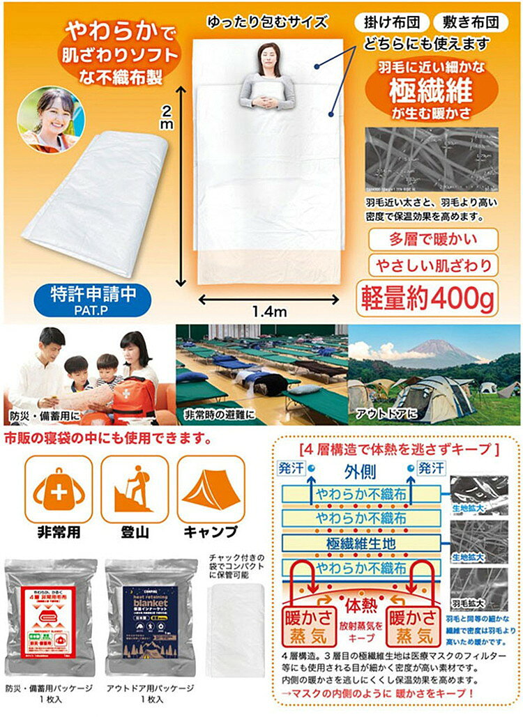 4層 非常用毛布 不織布製 防災・備蓄用 ホワイト 140×200cm 1枚入 防寒 防災 備蓄 ...