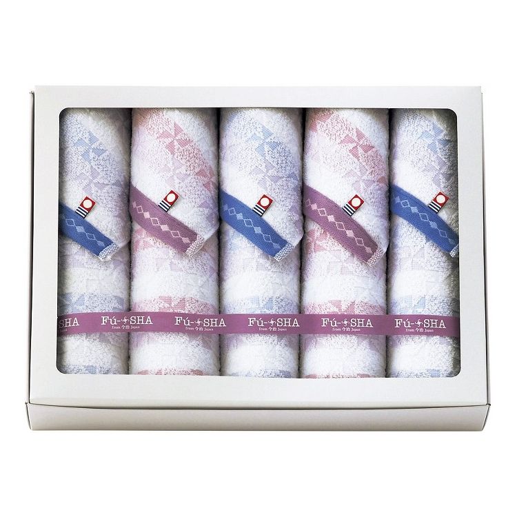 ボーダーに涼しげな風車の柄をあしらいました。軽やかで扱いやすく、水分を良く吸収します。【商品内容】フェイスタオル×5【商品サイズ】フェイスタオル340mm×800mm【生産国】：日本【備考】※メーカーの都合によりパッケージ、内容等が変更され...