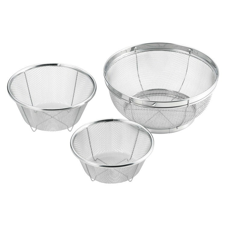 15cm（径15×6.5cm）・17cm（径17×8.2cm）・22cm（径22×9.8cm）×各1アミ:18-8ステンレス、枠:ステンレス【代引きについて】こちらの商品は、代引きでの出荷は受け付けておりません。【送料について】北海道、沖縄、離島は送料を頂きます。