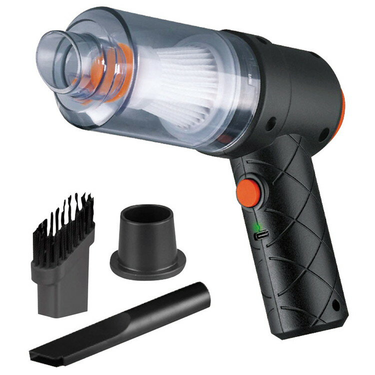 コンパクト&軽量設計で手軽に使える吸引・送風の両用ハンディクリーナー。マイカーの車内や卓上に、家具のすき間やサッシなど様々なシーンで使用できます。充電式（USB-C）。コードレスタイプ。充電時間約3時間。連続使用時間約10分。本体（6×16.5×15cm）・すき間ノズル・ブラシノズル・吹き出しノズル・充電用USBケーブル×各1ポリプロピレン、ポリスチレン、不織布、シリコン【代引きについて】こちらの商品は、代引きでの出荷は受け付けておりません。【送料について】北海道、沖縄、離島は送料を頂きます。