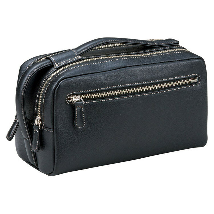 日本製牛革ダブルファスナーポーチ(ブラック) 良品工房 バッグ T19-308(代引不可)【送料無料】