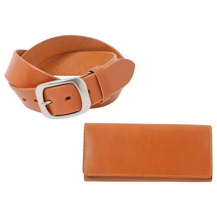 ベルト:長さ調節可。ピンタイプ。ウエスト約100cmまで対応可能。財布:ファスナー小銭入×1室、内ポケット×3室、カード入×10室、札入×2室。ベルト（4×113cm）・長財布（9×19×2.4cm）×各1ベルト:牛革（オイルヌメ革:栃木レ...