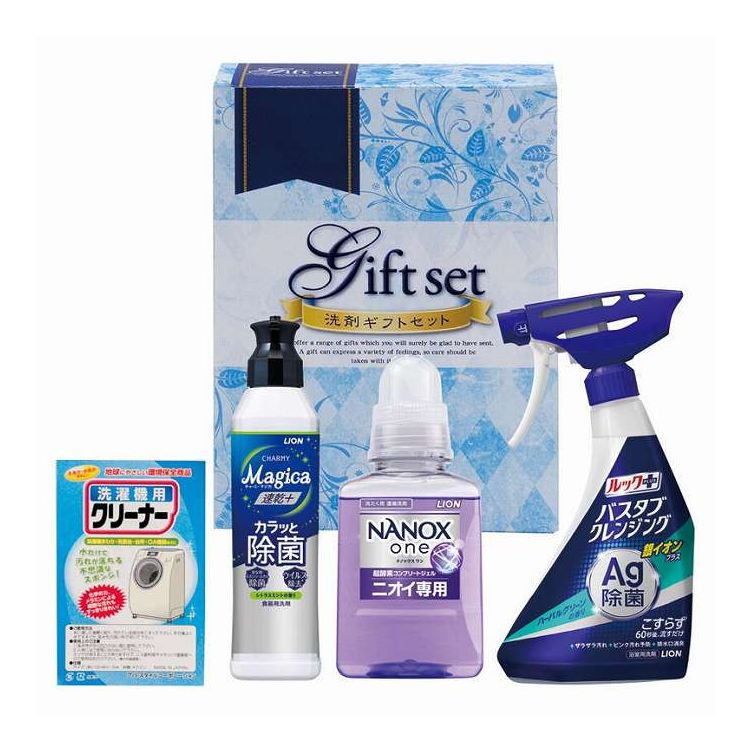 衣類の汚れ・ニオイを徹底洗浄するライオンナノックスoneにバスタブクレンジングも入った洗剤ギフト【セット内容】セット内容/ライオンナノックスone（380g）・ライオンバスタブクレンジング（500ml）・ライオンチャーミーマジカ速乾プラス（220ml）・洗濯機用クリーナーM×各1サイズ：-重量/容量：-箱サイズ：10.5×18.8×24.5cm材質：-【代引きについて】こちらの商品は、代引きでの出荷は受け付けておりません。【送料について】北海道、沖縄、離島は送料を頂きます。