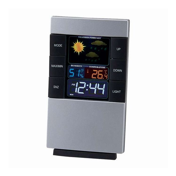 カラー表示の多機能クロック。音・振動センサー付でバックライトが自動点灯。これからの天気予報や温度、湿度がカラー表示されるみやすい多機能時計です。バックライト、音・振動センサー付き。機能:時計、アラーム、スヌーズ、温度計、湿度計、天気予報、カ...