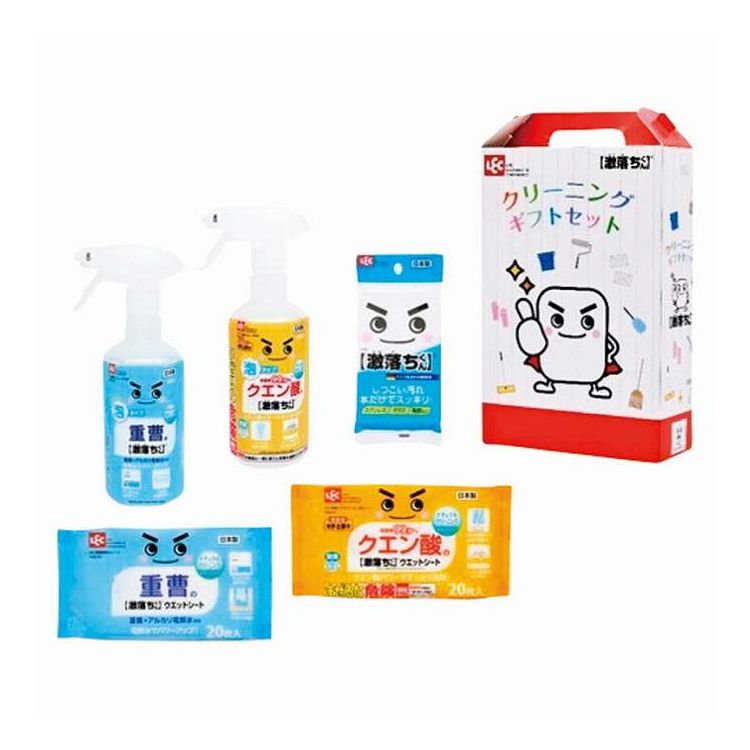 お掃除の定番の激落ちくんの各種商品をセットしたギフトセット。粗品や贈り物には普段使いの消耗品が最適【セット内容】激落ち重曹泡スプレー・激落ちクエン酸泡スプレー（各400ml）・激落ち重曹×電解水シート・激落ち除菌ができるクエン酸シート（各20枚入）・激落ちくん（メラミンスポンジ）×各1サイズ：-重量/容量：-箱サイズ：7×18.5×27.5cm材質：-【代引きについて】こちらの商品は、代引きでの出荷は受け付けておりません。【送料について】北海道、沖縄、離島は送料を頂きます。