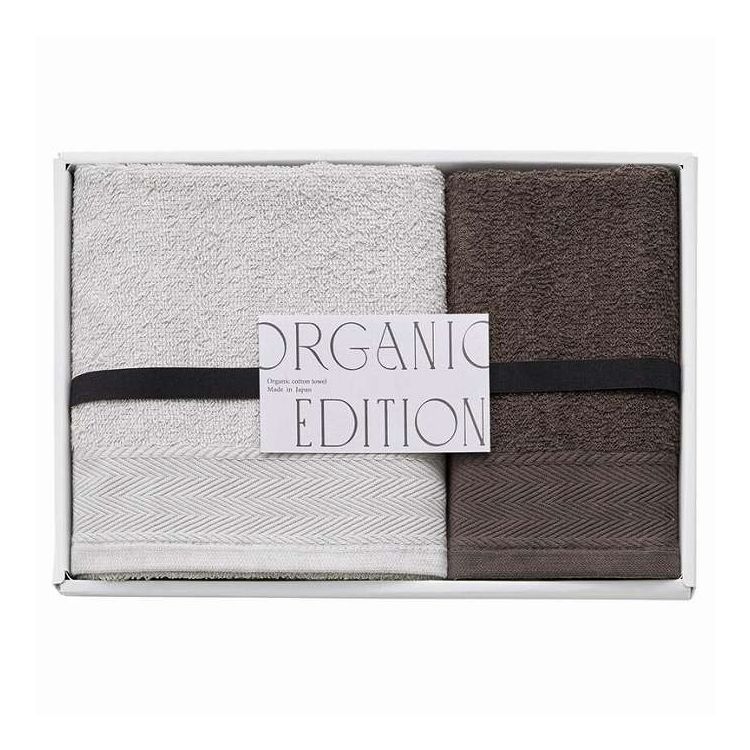 ORGANICEDITIONは、オーガニックにこだわって生産されます。無農薬で育ったオーガニックコットンを使用し、生産する際も化学薬品に頼らないオーガニックな製法にこだわりました。タオルは軽くて薄手なのに吸水性に優れています。洗濯後や拭いた後も乾きやすいので普段使いしやすく、軽いのでアウトドアシーンで持ち運びにも便利です。日本製※デザイン・内容等が変更になる場合がございます。【セット内容】-サイズ：フェイスタオル:29×75cm、ウォッシュタオル:29×29cm重量/容量：-箱サイズ：21×29.4×2.5cm材質：綿100%（パイル部:オーガニックコットン使用）【代引きについて】こちらの商品は、代引きでの出荷は受け付けておりません。【送料について】北海道、沖縄、離島は送料を頂きます。
