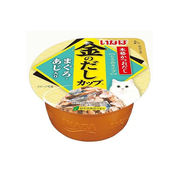 【商品詳細】おいしいだしは美しい「金色」の輝き。金のだしシリーズ【分類】猫フード【原材料】かつお、まぐろ、あじ、かつお節エキス、増粘多糖類、ビタミンE、タウリン、緑茶エキス【保証成分】たんぱく質9.0％以上、脂質0.1％以上、粗繊維0.1％以下、灰分2.0％以下、水分88.5％以下【給与方法】標準サイズの成猫には1回1個、1日2個を目安に総合栄養食と一緒にお与えください。【賞味期限】2年【原産国または製造地】タイ【諸注意】(保存方法)お使い残りが出た場合は、他の容器に移し替えて冷蔵庫に入れ早めにお使い下さい。JANコード：4901133863349【送料について】北海道、沖縄、離島は送料を頂きます。