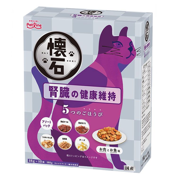 【商品説明】・毎日のごはんや、とっておきのおやつ、トッピングにおすすめ。・「熟成かつお・熟成まぐろ・うるめいわし節・銘柄鶏・チーズ」をトッピングした小分けアルミ蒸着分包が、18g×10袋入りで美味しさをキープ。・酸化を防ぎ風味を保つ脱酸素剤入り。・腎臓の健康維持に配慮◇リン約20％、ナトリウム約40％カット※。(※懐石5つのごほうび深紅比)・下部尿路の健康維持に配慮◇マグネシウム含有量調整0.12％(標準値)〇原材料(成分)穀類(とうもろこし、コーングルテンミール、コーングルテンフィード、小麦粉)、肉類(ミートミール、チキンレバーパウダー、チキンミール、銘柄鶏(ささみ))、豆類(脱脂大豆)、油脂類(動物性油脂)、魚介類(フィッシュエキス、白身魚エキス、うるめ煮干削り、熟成まぐろ、熟成かつお)、乳類(チーズ)、セレン酵母、ビタミン類(A、D3、E、K3、B1、B2、パントテン酸、ナイアシン、B6、葉酸、ビオチン、B12、コリン、イノシトール)、ミネラル類(カルシウム、リン、ナトリウム、カリウム、塩素、鉄、コバルト、銅、マンガン、亜鉛、ヨウ素)、アミノ酸類(メチオニン、タウリン)、クチナシ色素、酸化防止剤(ローズマリー抽出物、ミックストコフェロール)〇賞味／使用期限(未開封)730日※仕入れ元に規定により3ヶ月以上期限がある商品のみ出荷致します〇保管方法・直射日光、湿気の多い所を避け、涼しい場所で虫等が入らないように密封してください。・開封後はお早めにお使いください。・乳幼児の手の届かない所に保管してください。〇原産国日本〇メーカー名ペットライン株式会社【取り寄せ品のご注意事項（ご注文前にご確認ください）】・本商品は原則注文後のキャンセルはお受けできません。・本商品と他商品で同梱注文をいただき、仮に他商品が完売等でご用意できない場合でも本商品は発送させていただきます。・本商品を複数（2点以上）注文いただき、完売等で注文数のご用意できない場合でもご用意できた数量は発送させていただきます。【送料について】北海道、沖縄、離島は送料を頂きます。