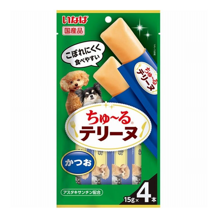 【商品説明】こぼれにくく食べやすい！！・わんちゃんの大好きなちゅ〜るを噛んで食べられるテリーヌタイプに仕上げました。・かつおの美味しさたっぷりのおやつです。・アスタキサンチン配合〇原材料かつお、寒天、かつお節エキス、酵母エキス、増粘安定剤(増粘多糖類、加工でん粉)、ビタミンE、ヘマトコッカス藻色素(アスタキサンチン含有)、カラメル色素、カロテノイド色素〇賞味／使用期限(未開封)24ヶ月〇給与方法・愛犬の体重に応じて商品記載の表を目安におやつとしてお与えください。〇保管方法・お使い残りが出た場合は、他の容器に移し替えて冷蔵庫に入れ早めにお与えください。・袋への噛みつき、誤飲にご注意ください。・愛犬がのどに詰まらせないよう、必ず様子を見ながらお与えください。〇原産国日本〇メーカー名いなばペットフード 株式会社【取り寄せ品のご注意事項（ご注文前にご確認ください）】・本商品は原則注文後のキャンセルはお受けできません。・本商品と他商品で同梱注文をいただき、仮に他商品が完売等でご用意できない場合でも本商品は発送させていただきます。・本商品を複数（2点以上）注文いただき、完売等で注文数のご用意できない場合でもご用意できた数量は発送させていただきます。【送料について】北海道、沖縄、離島は送料を頂きます。LINK単品6個セット12個セット24個セット