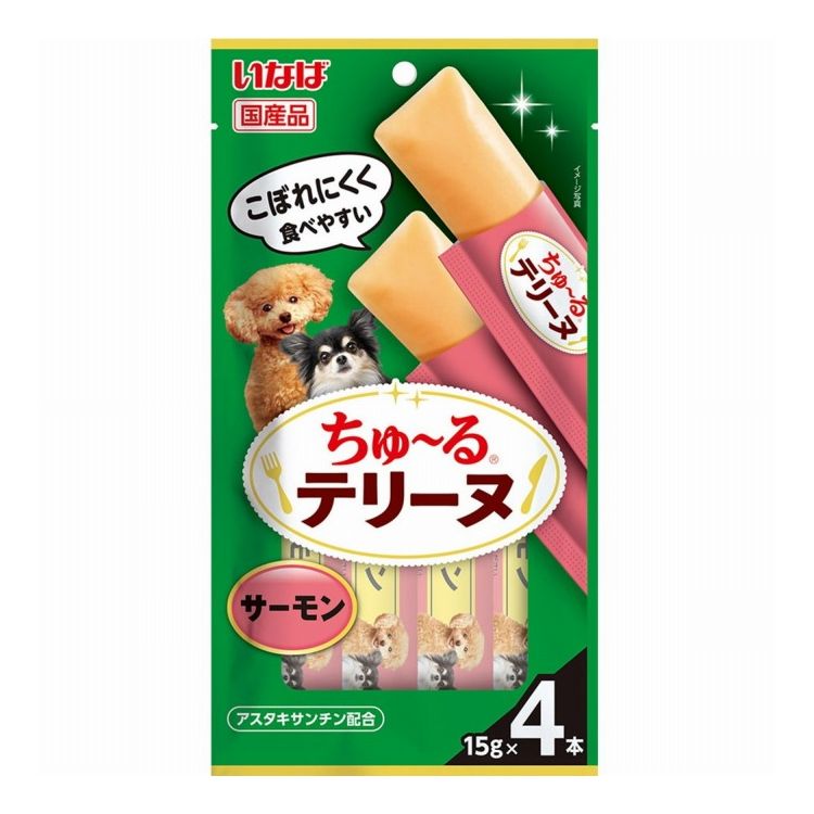 【商品説明】こぼれにくく食べやすい！！・わんちゃんの大好きなちゅ〜るを噛んで食べられるテリーヌタイプに仕上げました。・サーモンの美味しさたっぷりのおやつです。・アスタキサンチン配合〇原材料サーモン、寒天、鮭エキス、酵母エキス、増粘安定剤(増粘多糖類、加工でん粉)、ビタミンE、ヘマトコッカス藻色素(アスタキサンチン含有)、カラメル色素、カロテノイド色素〇賞味／使用期限(未開封)24ヶ月〇給与方法・愛犬の体重に応じて商品記載の表を目安におやつとしてお与えください。〇保管方法・お使い残りが出た場合は、他の容器に移し替えて冷蔵庫に入れ早めにお与えください。・袋への噛みつき、誤飲にご注意ください。・愛犬がのどに詰まらせないよう、必ず様子を見ながらお与えください。〇原産国日本〇メーカー名いなばペットフード 株式会社【取り寄せ品のご注意事項（ご注文前にご確認ください）】・本商品は原則注文後のキャンセルはお受けできません。・本商品と他商品で同梱注文をいただき、仮に他商品が完売等でご用意できない場合でも本商品は発送させていただきます。・本商品を複数（2点以上）注文いただき、完売等で注文数のご用意できない場合でもご用意できた数量は発送させていただきます。【送料について】北海道、沖縄、離島は送料を頂きます。LINK単品6個セット12個セット24個セット
