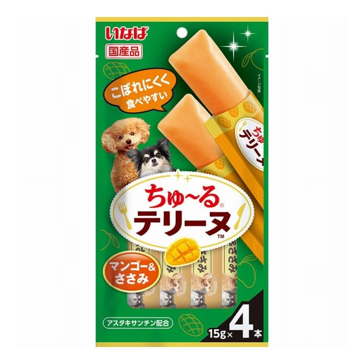 【商品説明】こぼれにくく食べやすい！！・わんちゃんの大好きなちゅ〜るを噛んで食べられるテリーヌタイプに仕上げました。・マンゴーの美味しさたっぷりのおやつです。・アスタキサンチン配合〇原材料鶏肉(ささみ)、トウモロコシ粉、マンゴーピューレ、鶏脂、チキンエキス、酵母エキス、増粘安定剤(加工でん粉)、ビタミンE、ヘマトコッカス藻色素(アスタキサンチン含有)〇賞味／使用期限(未開封)24ヶ月〇給与方法・成犬に与える場合は、商品記載の表を目安におやつとしてお与えください。〇保管方法・お使い残りが出た場合は、他の容器に移し替えて冷蔵庫に入れ早めにお与えください。・袋への噛みつき、誤飲にご注意ください。・愛犬がのどに詰まらせないよう必ず様子を見ながら与えてください。〇原産国日本〇メーカー名いなばペットフード 株式会社【取り寄せ品のご注意事項（ご注文前にご確認ください）】・本商品は原則注文後のキャンセルはお受けできません。・本商品と他商品で同梱注文をいただき、仮に他商品が完売等でご用意できない場合でも本商品は発送させていただきます。・本商品を複数（2点以上）注文いただき、完売等で注文数のご用意できない場合でもご用意できた数量は発送させていただきます。【送料について】北海道、沖縄、離島は送料を頂きます。LINK単品6個セット12個セット24個セット