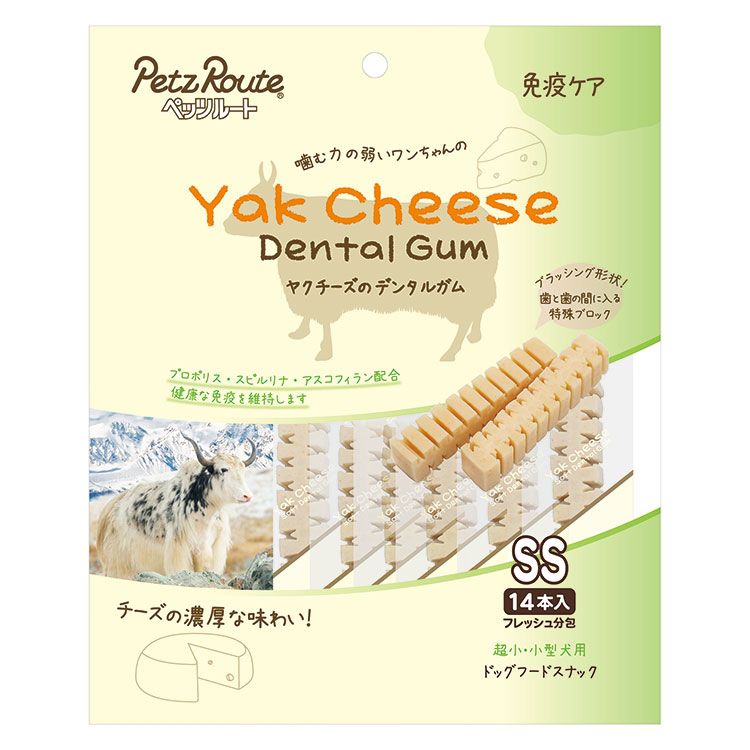 【商品説明】・濃厚なチーズの味わいが楽しめるヤクチーズのデンタルガムです。・健康な免疫を維持するプロポリス、スピルリナ、アスコフィランを配合。・歯と歯の間に入りやすい特殊ブロック形状。噛むことで健康な歯と歯ぐきを維持します。・?む力が弱いワンちゃんでも食べやすいソフト仕上げ・フレッシュな分包タイプでおいしく食べれます。〇原材料(成分)タピオカでん粉、食物繊維、糖類、ヤクチーズ、フィッシュコラーゲン、オリゴ糖、寒天、プロポリス、スピルリナ、海藻抽出物(アスコフィラン、グリセリン、増粘安定剤(CMC-Na)、乳化剤(グリセリン脂肪酸エステル)、香料、食塩、リン酸塩(Na)、保存料(ソルビン酸K)〇賞味／使用期限(未開封)19ヶ月※仕入れ元に規定により3ヶ月以上期限がある商品のみ出荷致します〇保管方法【保存上の注意】(未開封)幼児やペットの手が届かない所で、直射日光、高温多湿を避けて保存してください。常温で保存できますが、なるべく低温で保管してください。(開封後)外袋チャックを閉じ、必ず冷蔵庫で保存してください。分包開封後はおいしさが落ちますのですぐに与えてください。〇原産国韓国〇メーカー名株式会社ペッツルート【取り寄せ品のご注意事項（ご注文前にご確認ください）】・本商品は原則注文後のキャンセルはお受けできません。・本商品と他商品で同梱注文をいただき、仮に他商品が完売等でご用意できない場合でも本商品は発送させていただきます。・本商品を複数（2点以上）注文いただき、完売等で注文数のご用意できない場合でもご用意できた数量は発送させていただきます。【送料について】北海道、沖縄、離島は送料を頂きます。