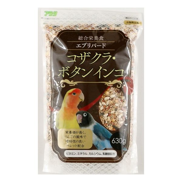 【取り寄せ品のご注意事項（ご注文前にご確認ください）】・本商品は原則注文後のキャンセルはお受けできません。・本商品と他商品で同梱注文をいただき、仮に他商品が完売等でご用意できない場合でも本商品は発送させていただきます。・本商品を複数（2点以上）注文いただき、完売等で注文数のご用意できない場合でもご用意できた数量は発送させていただきます。【商品説明】栄養価が高く、リンゴの風味で嗜好性のよいペレットを配合したコザクラ・ボタンインコ用総合栄養食です。ビタミン、ミネラル、カルシウム、乳酸菌配合。【商品詳細】・原材料ペレット(米、米糠、粟、炭酸カルシウム、果糖、天日原塩、乳酸菌、トルラ酵母、糖蜜、ケイ酸アルミナ、アルファミール、麦芽発酵エキス、ビタミン類(A、D3、E、B1、B2、B6、B12、D-パントテン酸カルシウム、ニコチン酸)、ミネラル類(硫酸マンガン、硫酸亜鉛、硫酸銅、硫酸マグネシウム、硫酸鉄、塩化コバルト)、アミノ酸類(塩化コリン、メナジオンK3)、香料)、キビ、マイロ、カナリアシード、小粒ひまわり、メーズ、麻の実、サフラワー、ムキえん麦、ボレー、グリーンボレー・賞味期限別途パッケージに記載・保存方法別途パッケージに記載・メーカー名アラタ・原産国または製造地日本【送料について】北海道、沖縄、離島は送料を頂きます。
