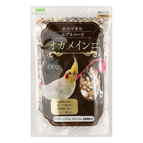 【商品説明】栄養価が高く、リンゴの風味で嗜好性のよいペレットを配合したオカメインコ用総合栄養食です。ビタミン、ミネラル、カルシウム、乳酸菌配合。【商品詳細】・原材料ペレット(米、米糠、粟、炭酸カルシウム、果糖、天日原塩、乳酸菌、トルラ酵母、糖蜜、ケイ酸アルミナ、アルファミール、麦芽発酵エキス、ビタミン類(A、D3、E、B1、B2、B6、B12、D-パントテン酸カルシウム、ニコチン酸)、ミネラル類(硫酸マンガン、硫酸亜鉛、硫酸銅、硫酸マグネシウム、硫酸鉄、塩化コバルト)、アミノ酸類(塩化コリン、メナジオンK3)、香料)、キビ、マイロ、カナリアシード、小粒ひまわり、メーズ、麻の実、サフラワー、ムキえん麦、かぼちゃの種、ボレー、グリーンボレー・賞味期限別途パッケージに記載・保存方法別途パッケージに記載・メーカー名アラタ・原産国または製造地日本【送料について】北海道、沖縄、離島は送料を頂きます。