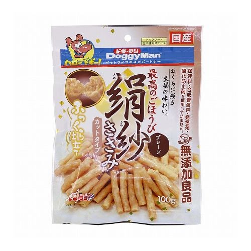 【取り寄せ品のご注意事項（ご注文前にご確認ください）】・本商品は原則注文後のキャンセルはお受けできません。・本商品と他商品で同梱注文をいただき、仮に他商品が完売等でご用意できない場合でも本商品は発送させていただきます。・本商品を複数（2点以上）注文いただき、完売等で注文数のご用意できない場合でもご用意できた数量は発送させていただきます。【商品説明】商品説明・絹のようになめらかで、ふんわりやさしい口当たり・おくちの中にふわっと広がる、ささみの旨みと香り・健康維持にグルコサミン、コンドロイチン、コラーゲン配合・保存料、合成着色料、発色剤不使用。・原材料(成分)肉類(鶏ササミ、鶏胸肉、鶏肉)、小麦粉、糖類、タピオカでん粉、コラーゲンペプチド、魚軟骨抽出物(コンドロイチン含有)、グリセリン、トレハロース、膨張剤、ソルビトール、ミネラル類(ナトリウム)、ポリリン酸ナトリウム、着色料(クチナシ、ルテイン)、グルコサミン・賞味／使用期限(未開封)※仕入れ元の規定により半年以上期限の残った商品のみ出荷致します12ヶ月・原産国または製造地日本・保存方法別途パッケージに記載・メーカー名ドギーマンハヤシ 株式会社【送料について】北海道、沖縄、離島は送料を頂きます。