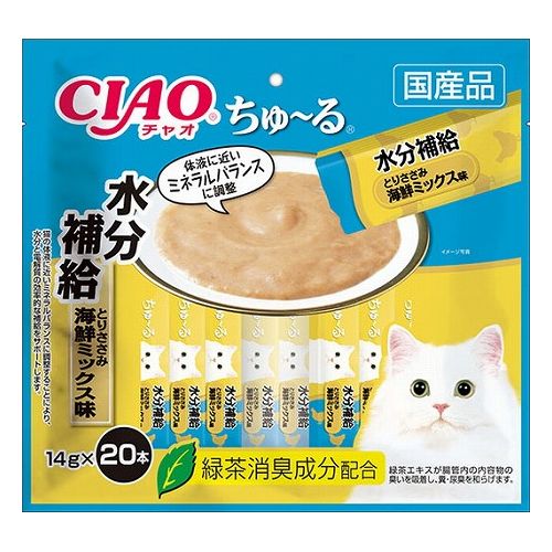 【商品説明】・一度食べたらやみつき！猫ちゃんの好きなを素材を液状にしたおやつです。・ちゅ〜っと出して、なめるだけで簡単に栄養補給。・猫ちゃんの体液に近いミネラルバランスをに調整することにより、水分と電解質の効率的な補給をサポートします。・緑茶消臭成分配合！緑茶エキスが腸管内の内容物の臭いを吸着し、糞尿臭を和らげます。●原材料(成分)鶏肉(ささみ)、果糖ぶどう糖液糖、ほたてエキス、かつお節エキス、酵母エキス、まぐろエキス、増粘安定剤(加工でん粉、増粘多糖類)、クエン酸ナトリウム、ビタミンE、緑茶エキス、紅麹色素●賞味／使用期限(未開封)24ヶ月※仕入れ元の規定により期限の半年を切った商品は出荷致しません。●保存方法別途パッケージに記載●原産国または製造地日本【送料について】北海道、沖縄、離島は別途送料を頂きます。