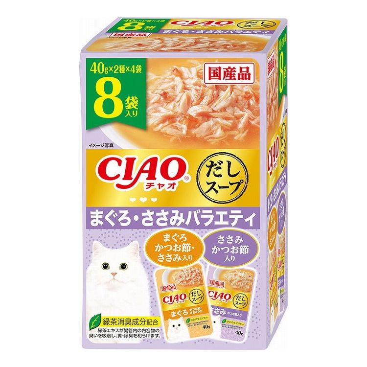 【取り寄せ品のご注意事項（ご注文前にご確認ください）】・本商品は原則注文後のキャンセルはお受けできません。・本商品と他商品で同梱注文をいただき、仮に他商品が完売等でご用意できない場合でも本商品は発送させていただきます。・本商品を複数（2点以上）注文いただき、完売等で注文数のご用意できない場合でもご用意できた数量は発送させていただきます。【商品説明】いつもよりちょっと贅沢な食事に。・多頭飼いの家庭でも安心のファミリーパック。・人気のフレーバー2種類入っているので、猫ちゃんの気分に合わせて味を楽しむことが出来ます。・緑茶消臭成分配合で、腸管内の内容物の臭いを吸着し、糞尿臭を和らげます。●原材料(成分)【まぐろ かつお節・ささみ入り】鶏肉(ささみ)、まぐろ、かつお節、かつお節エキス、糖類(オリゴ糖等)、植物性油脂、ミネラル類(Na、P、Cl)、増粘安定剤(増粘多糖類、加工でん粉)、調味料(アミノ酸)、ビタミンE、カラメル色素、カロテノイド色素、緑茶エキス【ささみ かつお節入り】鶏肉(ささみ)、かつお節、かつお節エキス、糖類(オリゴ糖等)、植物性油脂、ミネラル類(Na、P、Cl)、増粘安定剤(増粘多糖類、加工でん粉)、調味料(アミノ酸)、ビタミンE、カラメル色素、カロテノイド色素、緑茶エキス●賞味／使用期限(未開封)24ヶ月※仕入れ元の規定により半年以上期限の残った商品のみ出荷致します。●保存方法別途パッケージに記載●メーカー名いなばペットフード 株式会社【送料について】北海道、沖縄、離島は送料を頂きます。