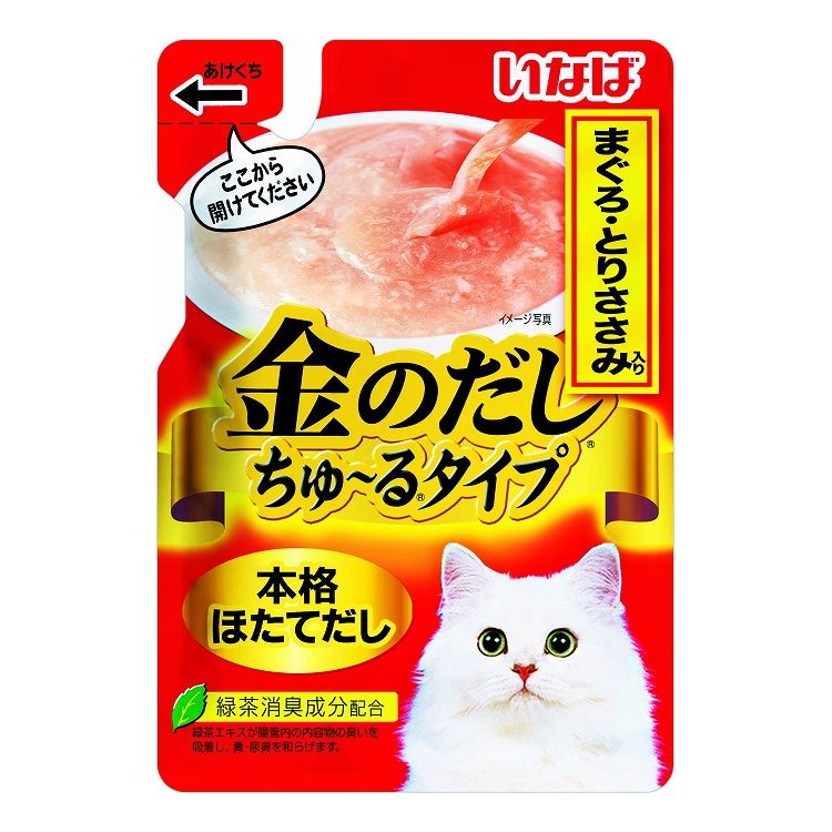 【商品説明】今までにない！押し出し容器・お魚とお肉をベースにしたちゅ〜るタイプのパウチです。・特殊な注ぎ口で、開封後数回に分けて使用が可能です。・キャップの開け閉め不要で、お手軽にお使いいただけます。・緑茶消臭成分配合で、腸管内の内容物の臭いを吸着し、糞尿臭を和らげます。●原材料(成分)鶏肉、まぐろ、でん粉、ほたてエキス、タンパク加水分解物、増粘多糖類、ビタミンE、緑茶エキス、紅麹色素●賞味／使用期限(未開封)24ヶ月※仕入れ元の規定により半年以上期限の残った商品のみ出荷致します。●保存方法別途パッケージに記載●メーカー名いなばペットフード 株式会社【送料について】北海道、沖縄、離島は送料を頂きます。