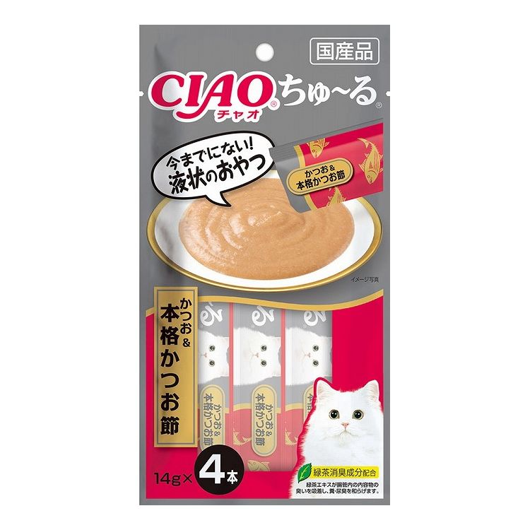 【商品説明】とろ〜り食べやすい液状おやつ！・一度食べたらやみつき！猫ちゃんの好きなを素材を液状にしたおやつです。・ちゅ〜っと出して、なめるだけで簡単に栄養補給。・食べきりやすい14g×4本。・緑茶消臭成分配合！緑茶エキスが腸管内の内容物の臭いを吸着し、糞尿臭を和らげます。●原材料(成分)かつお、かつお節、かつお節エキス、鰹本枯節パウダー、糖類(オリゴ糖等)、植物性油脂、増粘安定剤(加工でん粉、増粘多糖類)、ミネラル類(Na、P、Cl)、調味料(アミノ酸)、ビタミンE、紅麹色素、緑茶エキス●賞味／使用期限(未開封)24ヶ月※仕入れ元の規定により半年以上期限の残った商品のみ出荷致します。●保存方法別途パッケージに記載●メーカー名いなばペットフード 株式会社【送料について】北海道、沖縄、離島は送料を頂きます。