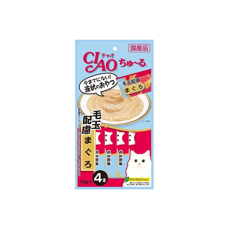 【商品説明】とろ〜り食べやすい液状おやつ！今までにない液状のおやつです。ちゅ〜るっと出して、猫ちゃんがペロペロなめて楽しめます。まぐろをペーストにしました。キトサン・セルロース(食物繊維)配合で毛玉に配慮しました。●原材料(成分)まぐろ、まぐろエキス、タンパク加水分解物、糖類(オリゴ糖等)、植物性油脂、増粘剤(加工でん粉)、キトサン、セルロース、ミネラル類、増粘多糖類、調味料(アミノ酸等)、ビタミンE、紅麹色素、緑茶エキス●賞味／使用期限(未開封)24ヶ月※仕入れ元の規定により半年以上期限の残った商品のみ出荷致します。●保存方法別途パッケージに記載●メーカー名いなばペットフード 株式会社【送料について】北海道、沖縄、離島は送料を頂きます。